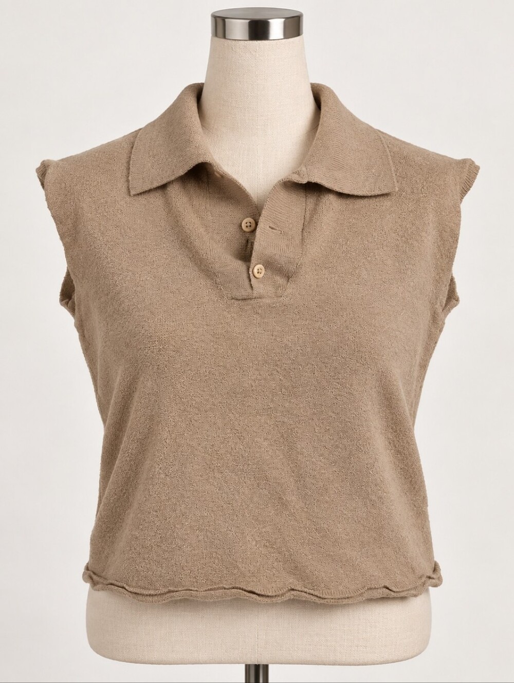 Rachel Zoe 100% Extrafine Merino Wool Taupe Sleeveless Polo Crop Top Size S - Picture 2 of 6